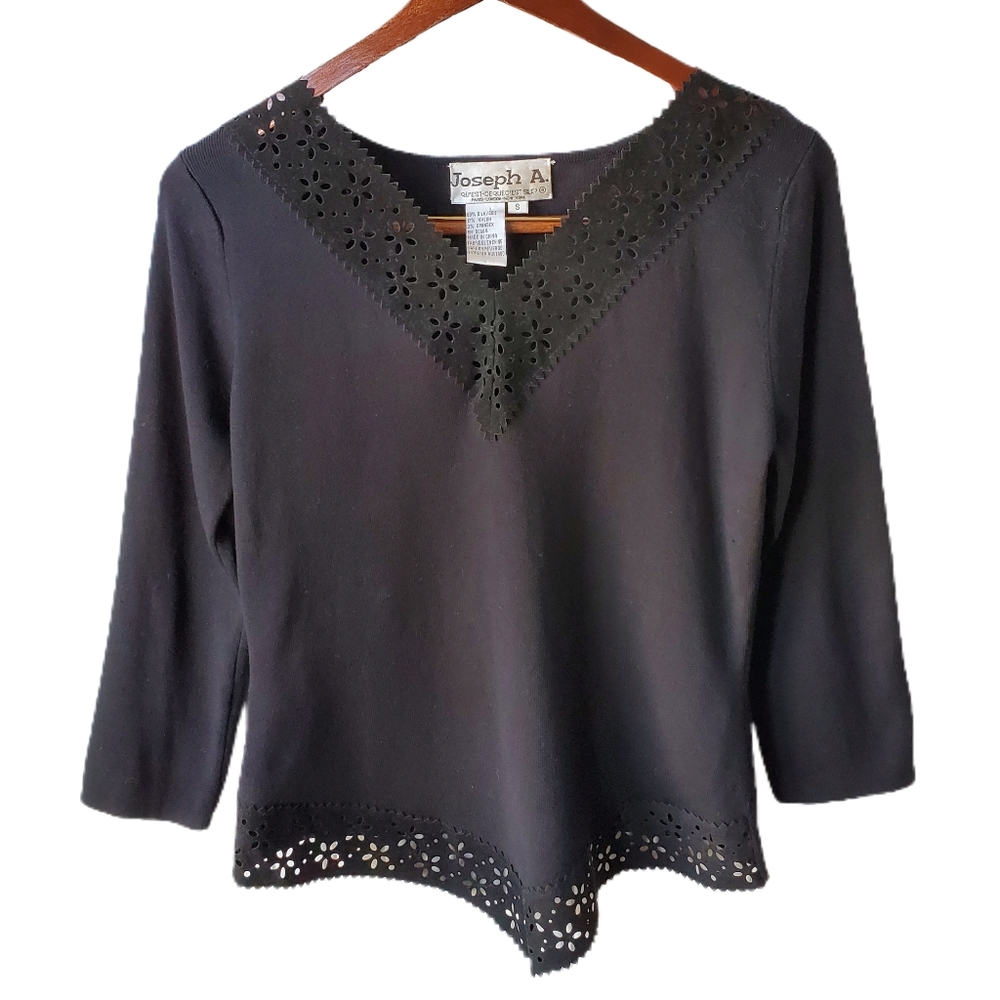 Vtg Silk Joseph A. Qu'est-ce Quec'est Silk? Cut out Velvet Trim Blouse Sz Small